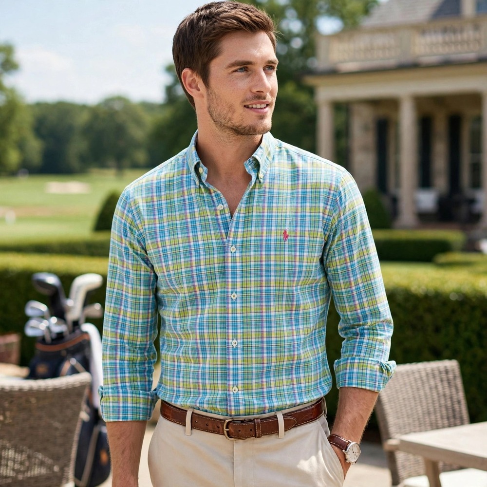 Ralph Lauren Mens Plaid Button Down Shirt Blue Green Yellow M Long Sleeve Pony